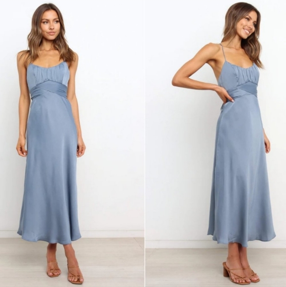 Petal & Pup Dresses Petal Pup Dusty Blue Hermione Satin Aline Midi
